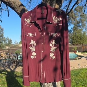 Ladies's Stetson Pearl Snap Burgundy Embroidered Western Shirt